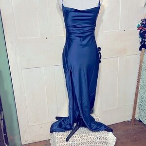 NWT Babyboo Elegant Blue Satin Evening Dress OpenBack Bandage Column Gown Wiggle